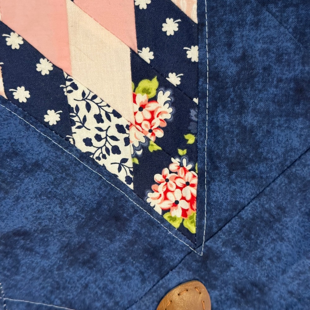 Handmade Quilted Tote Bag Navy Blue Starburst Floral Lining Faux Leather Straps - Picture 3 of 8